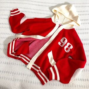 Red and cream Hooded knit Jacket with 98 heart graphic